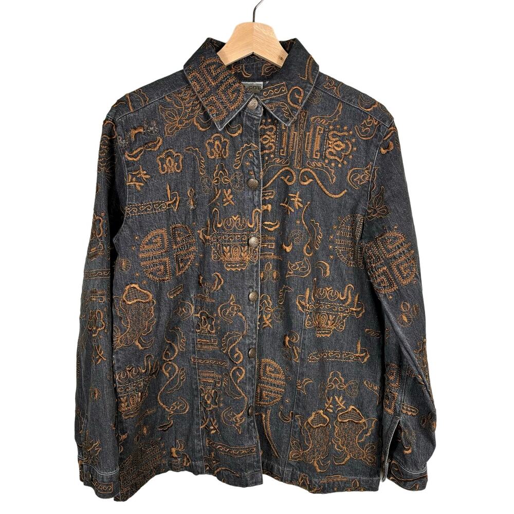 Chico's Women's Size 1‎ Gold Embroidered Tribal Pattern Black Denim Jacket